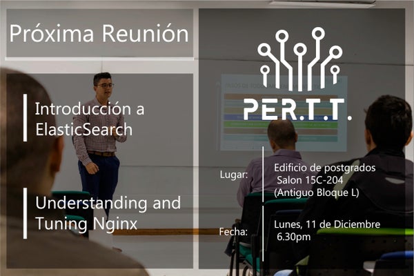 Afiche de la próxima reunión — Introducción a servidores web NGINX y motores de búsqueda con Elasticsearch (11 de diciembre de 2017)