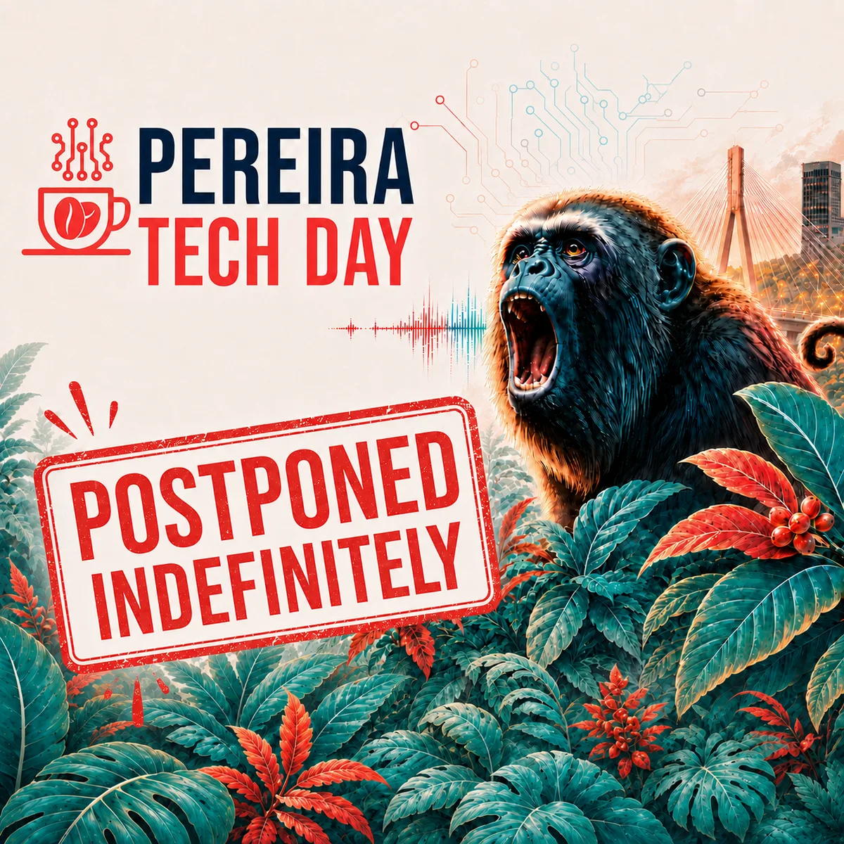 Pereira Tech Day artwork stamped "Postponed indefinitely" over the howler monkey illustration
