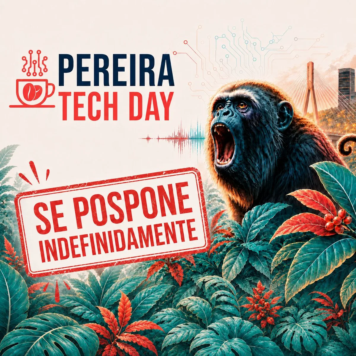 Pieza gráfica de Pereira Tech Day con el sello "Se pospone indefinidamente" sobre la ilustración del mono aullador