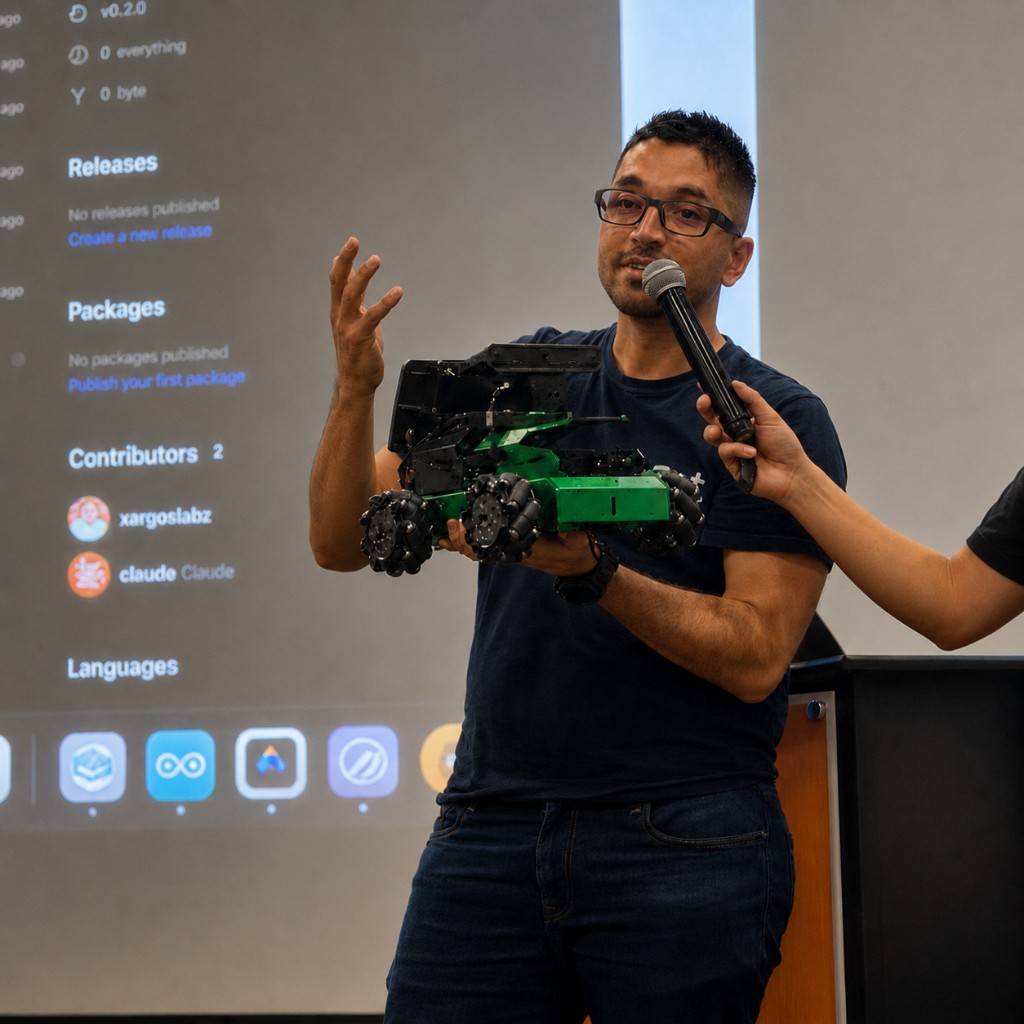 Sergio Alexander dando una charla técnica con un robot